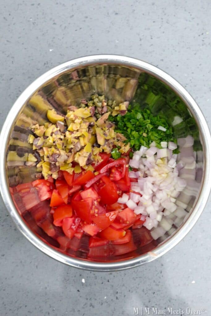 Chopped vegetables in a mixing bowl.