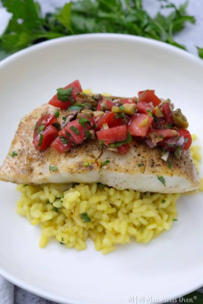 Seared halibut with tomato relish.