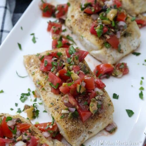 Seared halibut topped with fresh relish