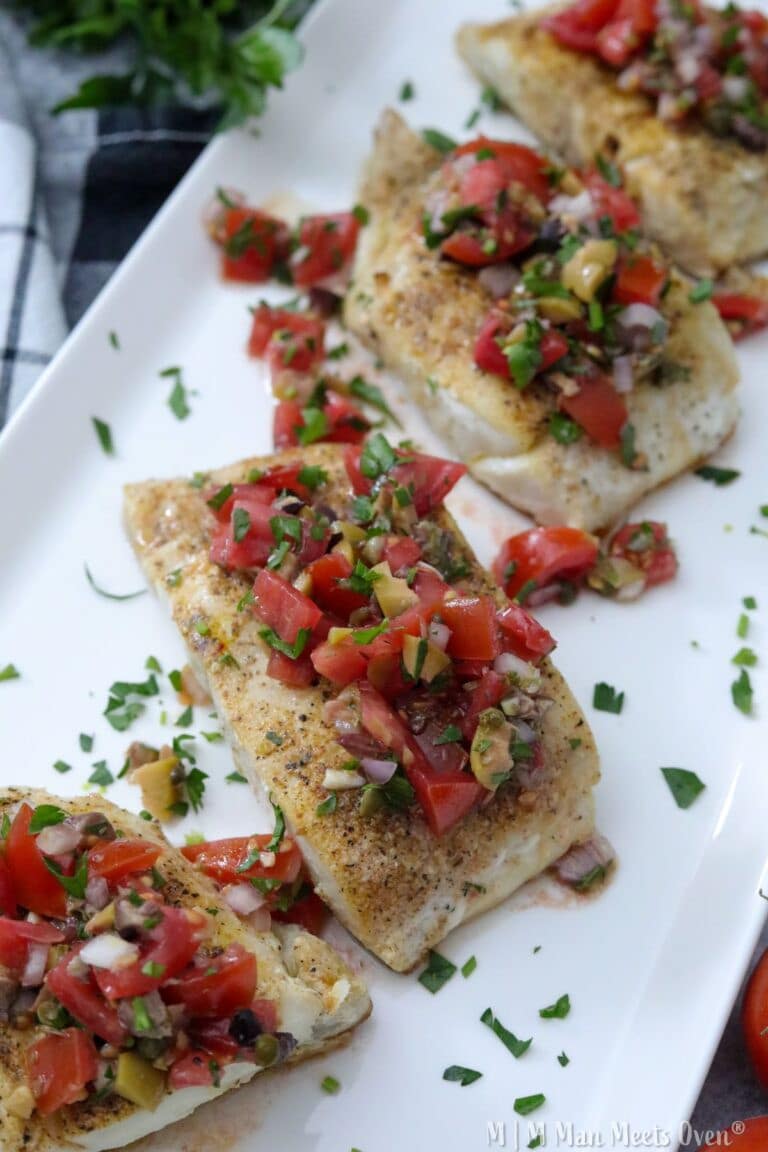 Seared halibut topped with fresh relish