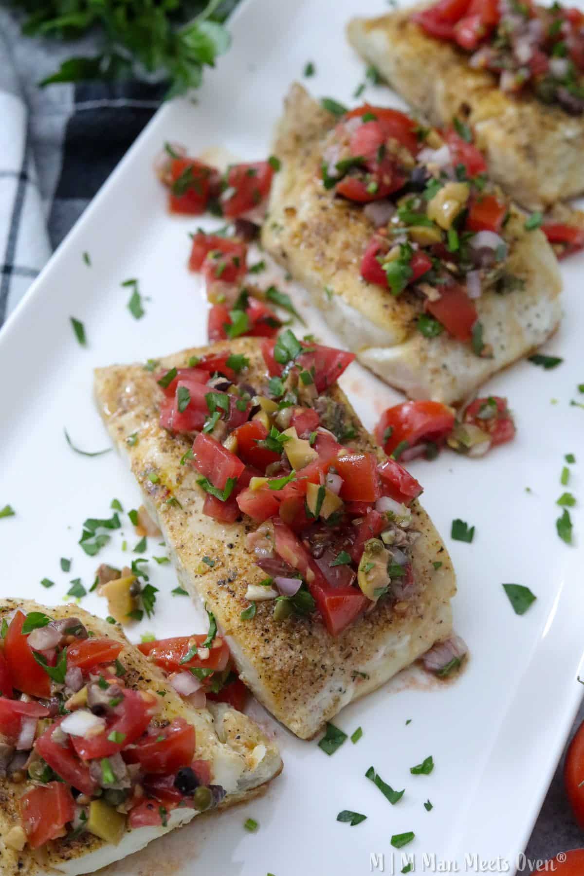 Seared halibut topped with fresh relish