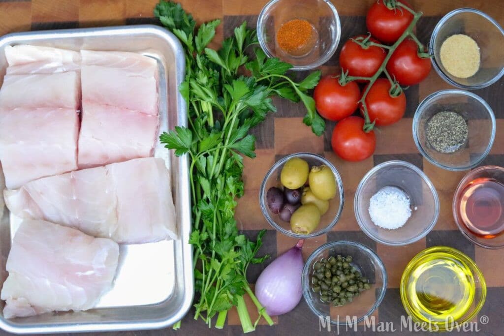 Ingredients for seared halibut dish
