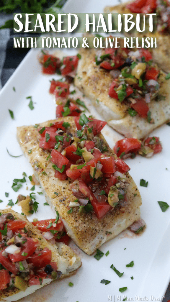 Seared halibut with tomato relish pinterest pin
