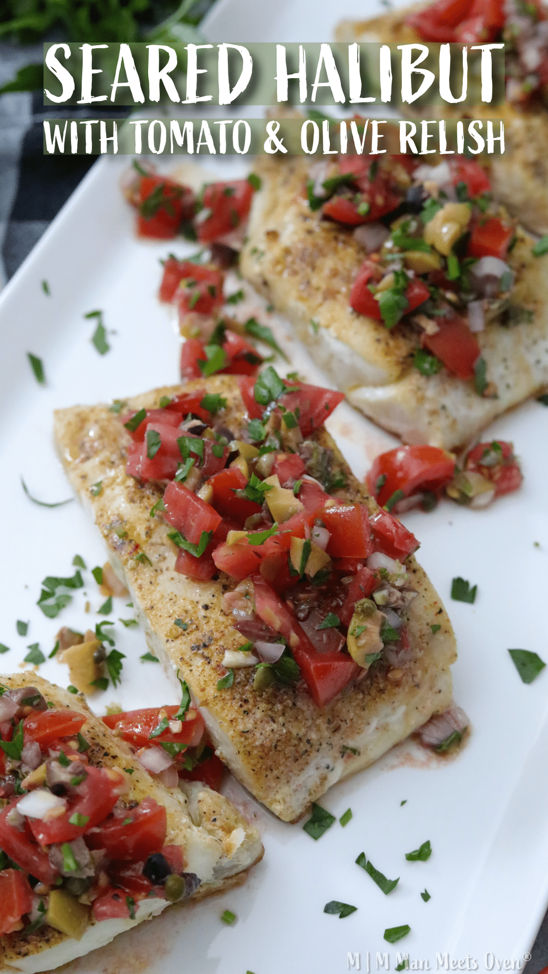 Seared halibut with tomato relish pinterest pin