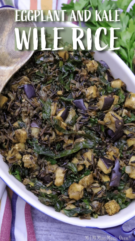 Vegetarian dish with eggplant and kale pinterest pin