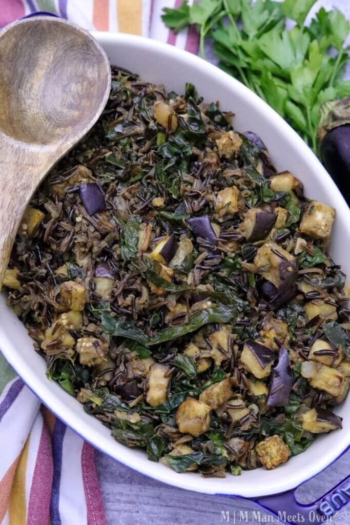 Vegetarian dish with wild rice and greens