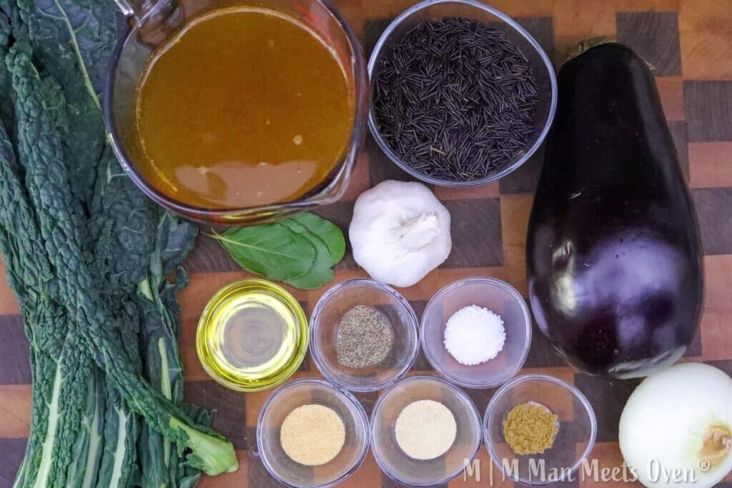 Ingredients for eggplant and kale wild rice.