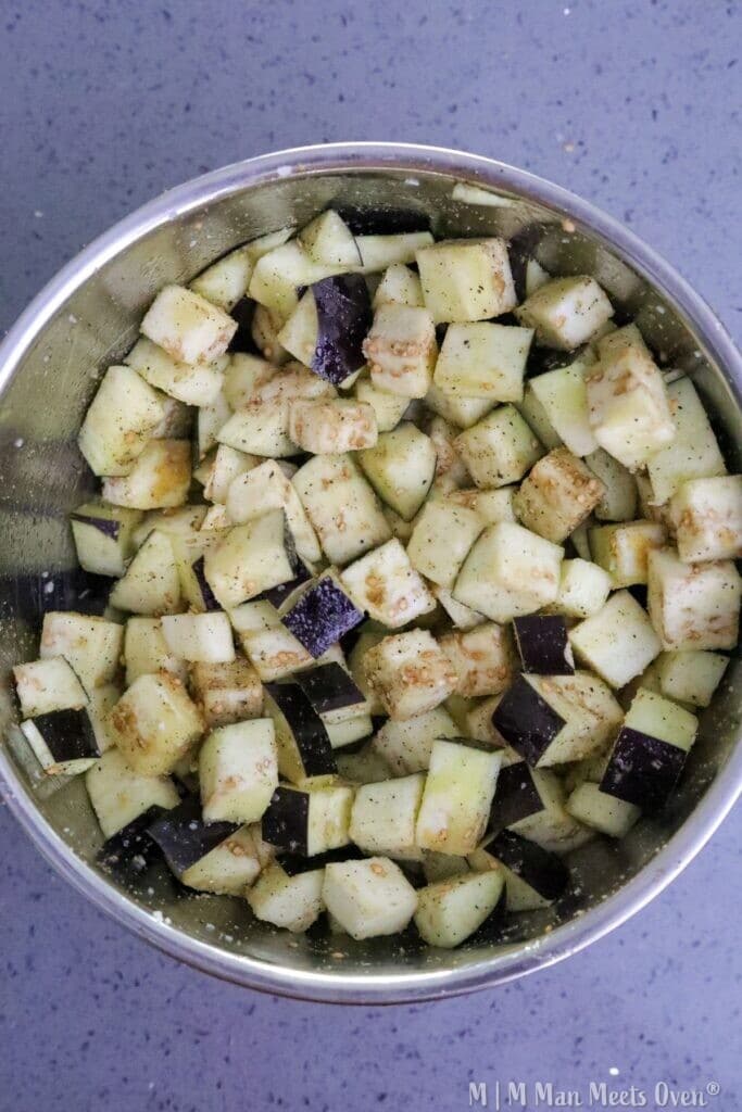 Chopped eggplant in a bowl.